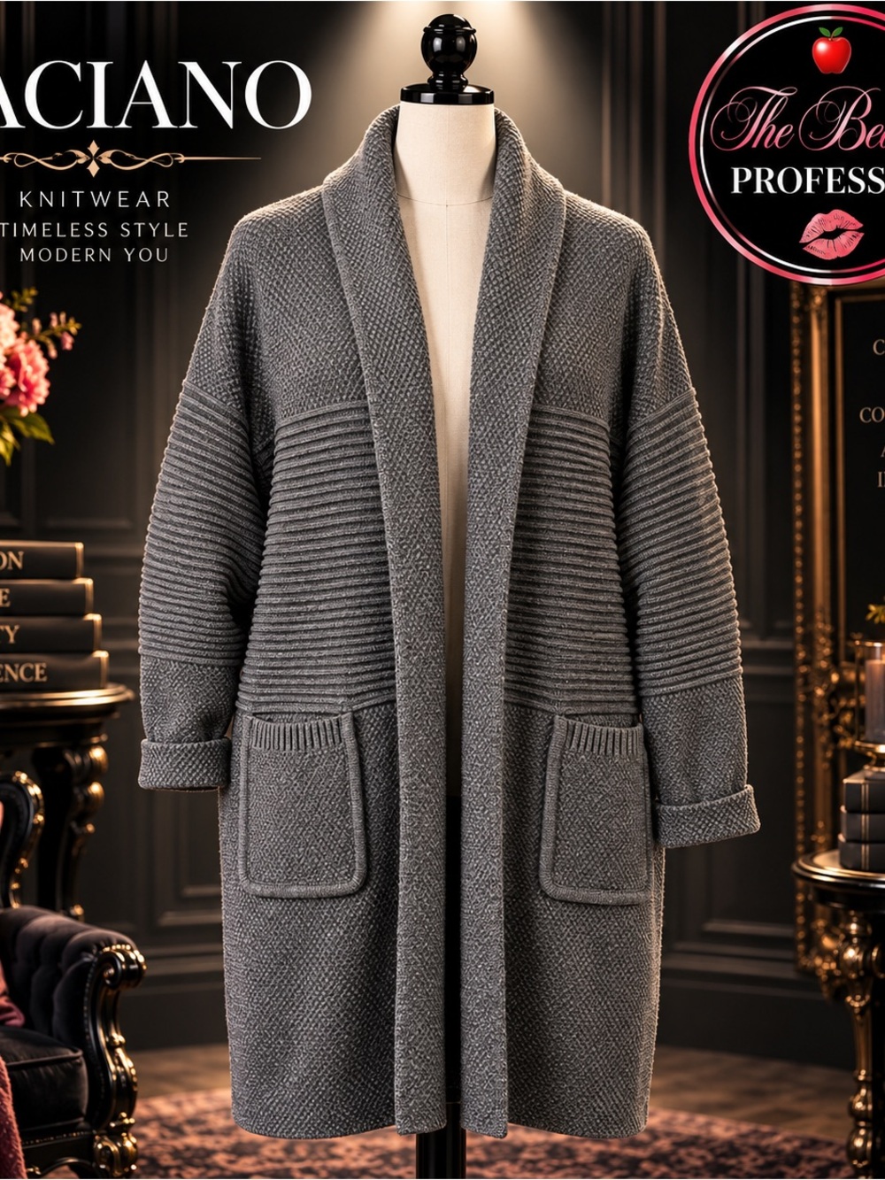 💕 Baciano 1XL Charcoal Gray Wool Blend Heavy Knit Long Cardigan Sweater Coat